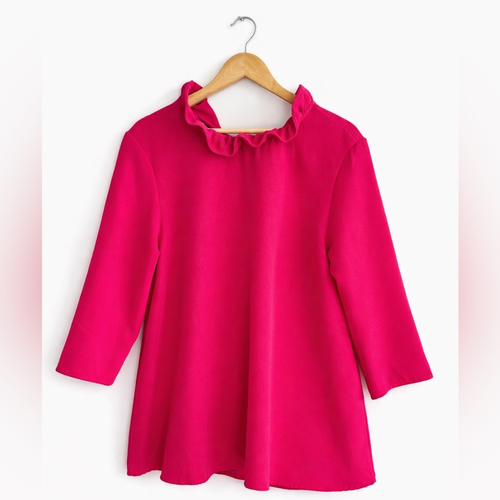 Pomander Place Hot Pink Ruffle Neck Swing Top Back Bow Statement Blouse - Picture 5 of 9